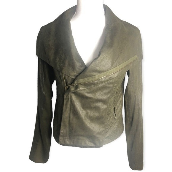 Love Marks Olive Green Faux Suede Quilted Moto Jacket - Picture 2 of 8